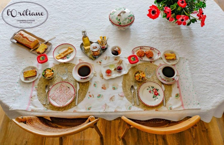 Breakfast table at L'Oréliane, Châteauneuf-de-Gadagne.