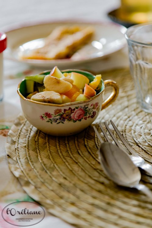 Fresh fruit salad for breakfast at L'Oréliane in Provence.